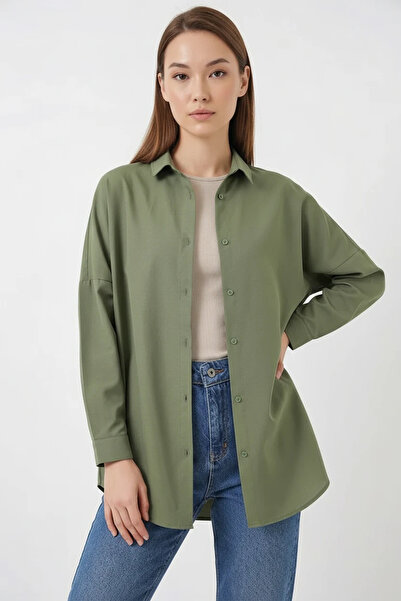Generic Brand Women's Oversize Cut Basic Cotton Light Khaki Shirt
