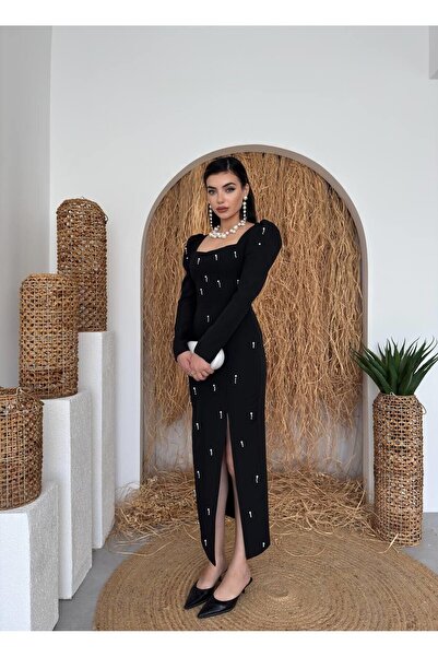 Caddebostan Moda Pearl Detailed Square Neck Long Sleeve Stylish Evening Dress