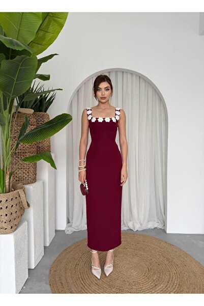 Caddebostan Moda Square Neck Floral Detailed Pearl Midi Dress Stylish Event D...