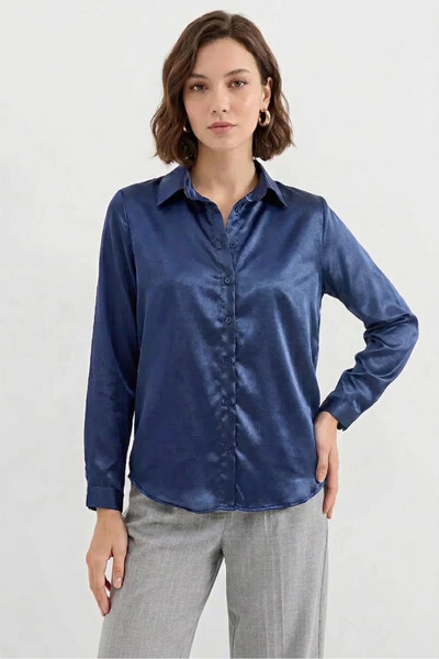 buğrahayalin Women's Draped Satin Navy Blue Shirt