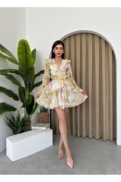 Caddebostan Moda Floral Print Ruffle Backless Mini Chiffon Dress