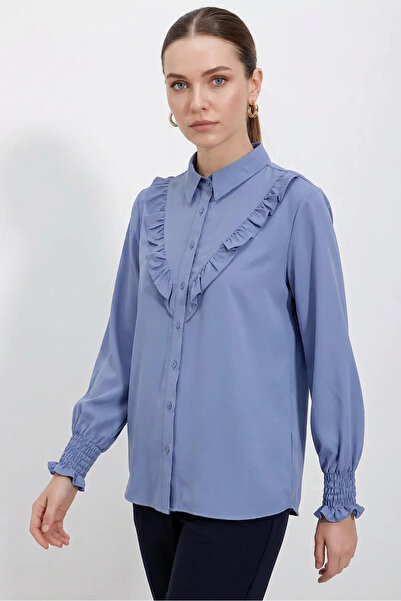 Efnaz style Women's Ruffled Long Sleeve Indigo Shirt