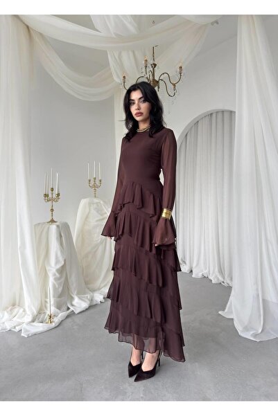 Caddebostan Moda Kadın Fırfırlı Uzun Kollu Şifon Midi Elbise Şık Davet Elbisesi