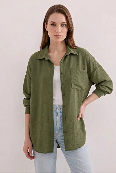 Efnaz style Women's Oversize Cut Viscose Khaki Shirt with One Pocket