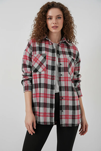buğrahayalin Women's Oversize Plaid Patterned Cotton Pomegranate Shirt