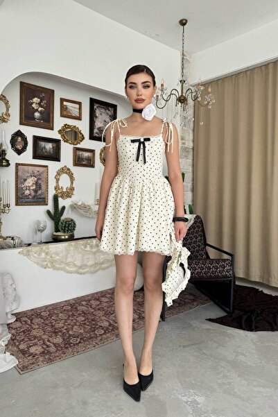 Caddebostan Moda Polka Dot Patterned Strappy Corset-Look Mini Dress with Broo...