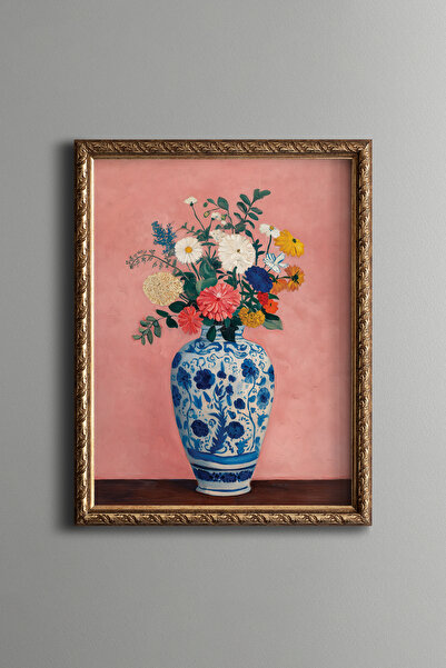 epiqart Mavi Desenli Vazoda Bahar Çiçekleri - Vintage Desenli Çerçeve - İnce ...