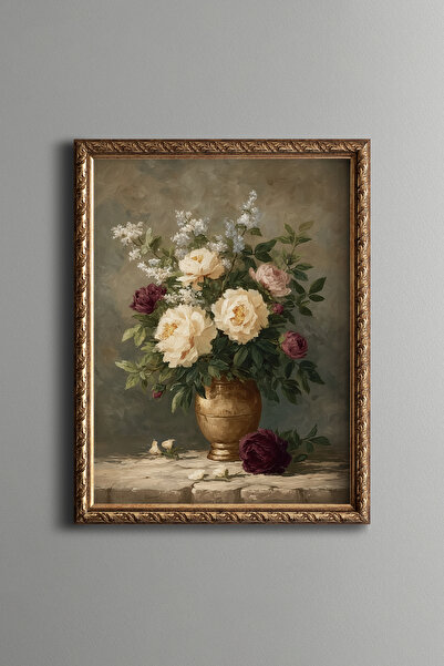 epiqart Peony and White Flower Bouquet - Vintage Patterned Frame - Slim Model