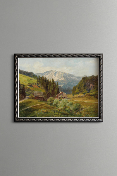 epiqart Dağ Evi Manzarası - Vintage Desenli Çerçeve - İnce Model