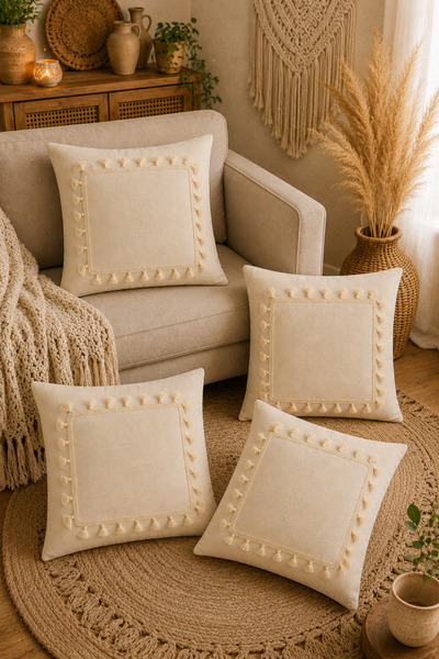 Morlay Set de 4 huse de pernă din in natural cu ciucuri, decor boem rustic vi...