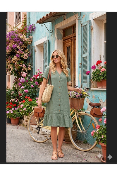 Hale Shop %100 Keten Kumaş Düğmeli Eteği Fırfırlı Elbise - YEŞİL