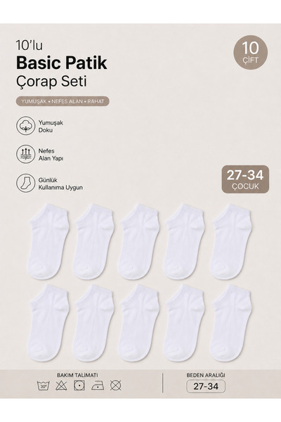 hür socks 10 çift beyaz çocuk patik çorap