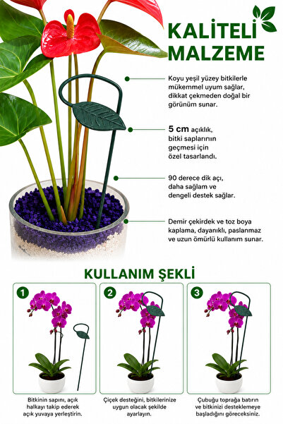 Binbirreyon Yaprak Bitki Çubuğu Destek Aparatı Yeşil Çelik Gövde 40cm AH505