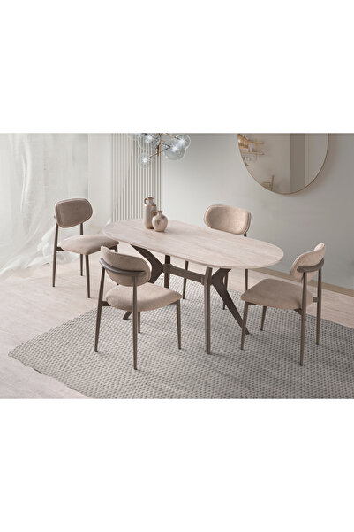 Erz Design Star Polo Travertan Cappucino Mutfak Masa Sandalye Takımı 82x138