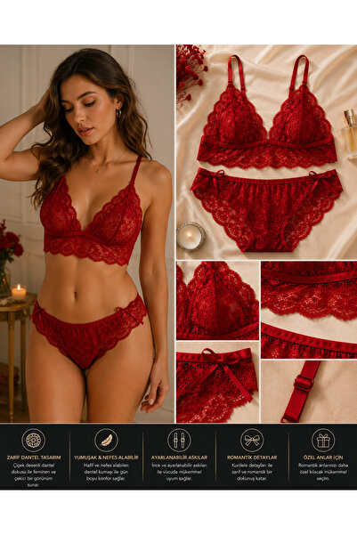 Thenessa Kırmızı Dantelli Bralet ve Külot Takımı Ayarlanabilir Askılı Kadın İ...