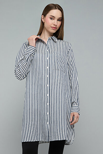 R&B Striped Shirt Tunic with Classic Collar and Long Sleeves