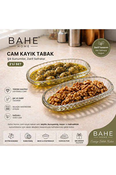 bahe home Cam Kayık Tabak 2'li Set – Şeffaf Cam Servis ve Sunum Tabağı, Zeyti...