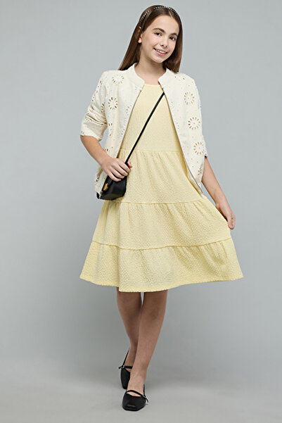 R&B Textured Tiered Dress with Square Neck and Short Sleeves