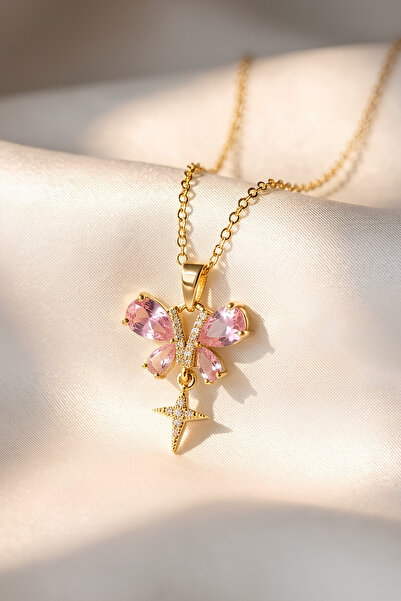 Elifsu Jewelry Zircon Stone Butterfly Design Steel Necklace with Star Detail