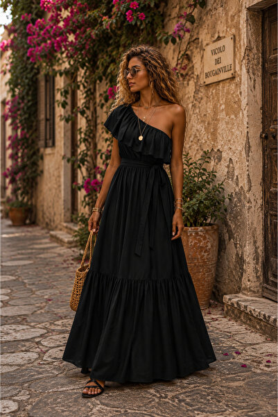 NA ADDESIGN Bohemian Grace One Shoulder Maxi Dress with Black, White, and Bei...