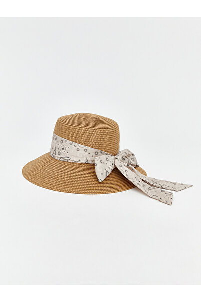 LC Waikiki Beige Women's Straw Hat with Scarf Detail