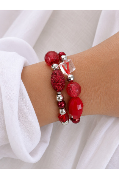 COCOSH TAKI Red and Silver Beaded Multiple Flexible Combination Bracelet