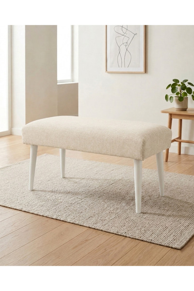 Azra Aksesuar Krem Keten Kumaş Bench Puf 90x45x46 cm Ahşap Beyaz Ayaklı Demon...