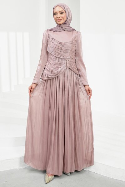 İmajButik Powder Pre-Gathered Pleated Evening Dress