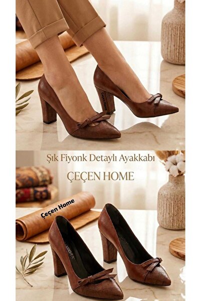 ÇEÇEN HOME Krako Pointed Toe Brown Long Thick Heeled Shoes with Ribbon Detail...