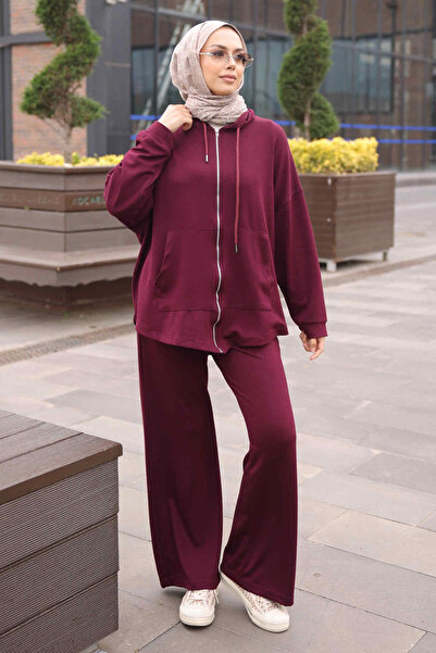 İmajButik Plum Zippered Tunic and Pants Modal Set