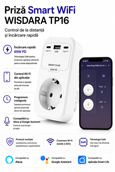 WISDARA TP16 Priză Smart Wi-Fi 16A cu Încărcare Rapidă 65W PD, USB + 2x USB-C...