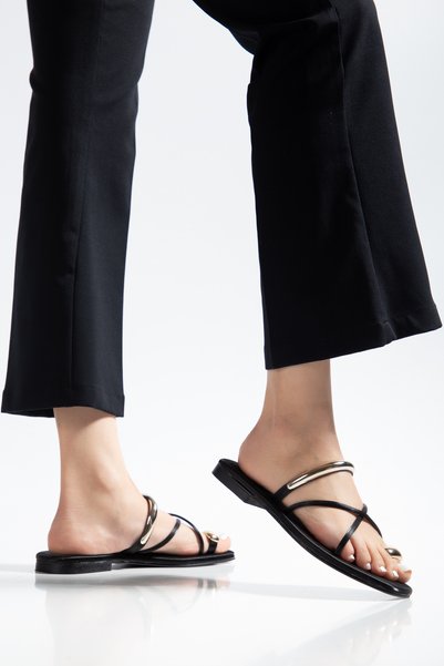 Elexus Women's Slippers with Black Straps and Flat Heel with Buckle
