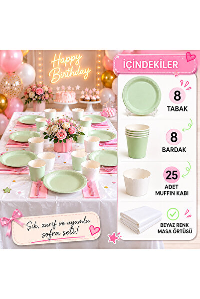 Dizayn Parti Evi Mint Yeşili Parti Sofra Seti 8 Kişilik | 8 Tabak 8 Bardak 25...