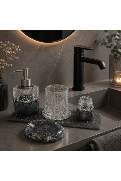 ARTEVIA HOME Silver Luxury Epoksi Banyo Sabunluk Seti - Sıvı Sabunluk, Fırçal...