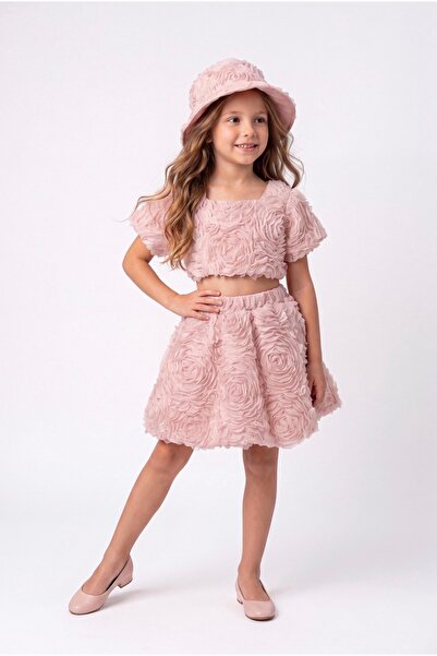 Baby Aden Babyaden Rose Embossed Floral Textured Crop Top & Skirt with Hat Gi...
