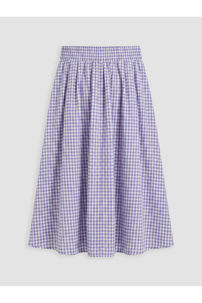 LC Waikiki Blue Elastic Waist Plaid Poplin Flared Skirt