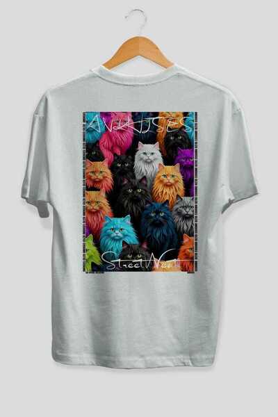 Ankhises For the Love of Cats 34 Cats Printed White Oversize T-Shirt 100% Cot...