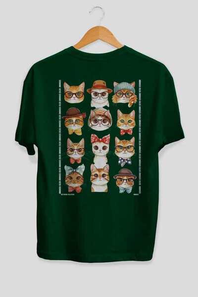 Ankhises 30 Cats for Cat Lovers Printed Green Oversize T-Shirt 100% Cotton Un...