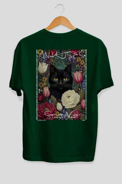 Ankhises 31 Cats for Cat Lovers Printed Green Oversize T-Shirt 100% Cotton Un...