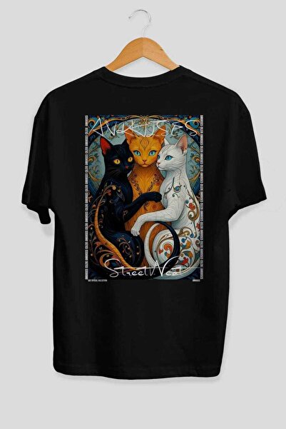 Ankhises 32 Cats for the Sake of Cat Love Printed Black Oversize T-Shirt 100%...