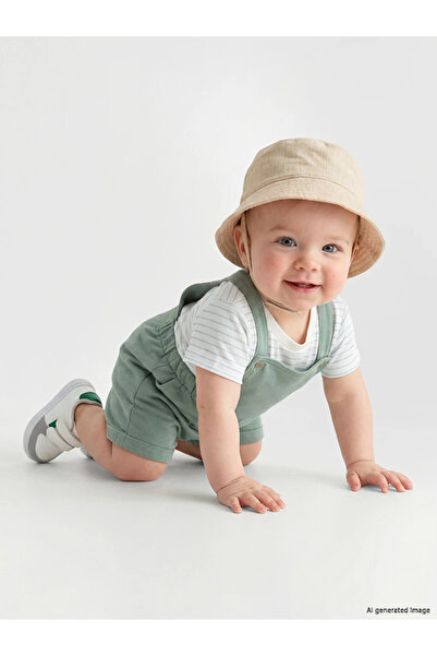 LC Waikiki Green Striped Baby Boy Salopet and T-Shirt Set