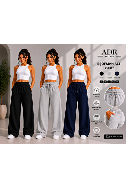 ADR MODA 3’lü Bol Paça Eşofman Altı Siyah Gri Lacivert Günlük Kullanım Bol Kesim