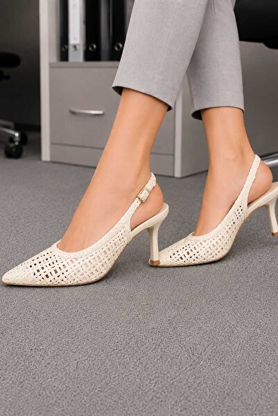 EREN SHOES BAG Lubni̇n Braided Open-Back Heeled Women's Shoes Beige