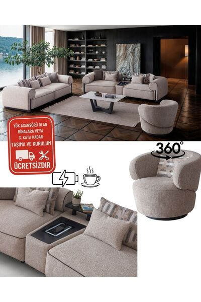 NewrunHome PİER Koltuk Takımı 3+3+1 + Şarj ve Sehpa Modülü - Boyalı MDF Sehpa...