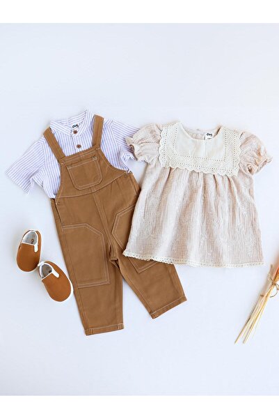 Civil Baby Kare Yaka Brodeli 6-18 Ay Elbise - Bej