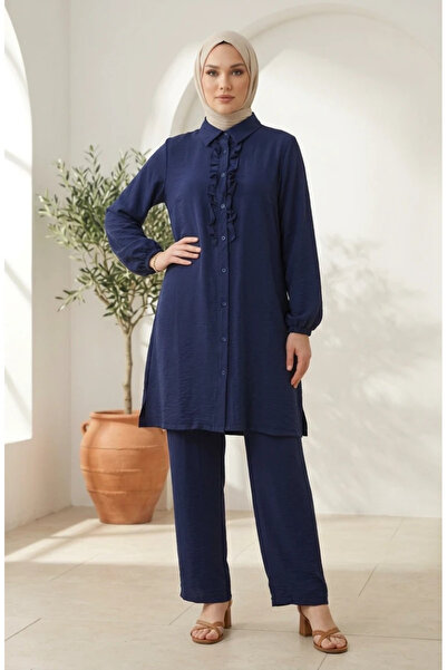 sefamerve Shirt Collar Ruffled Tunic Pants Double Hijab Set 2278-05 Navy Blue