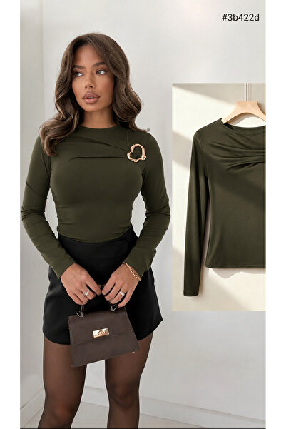 peri tower Women's Dark Khaki Buckle Detailed Sandy Long Sleeve Blouse 0068