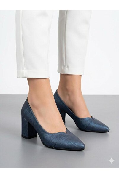 Lütfi Women's Navy Blue Thick Heel Comfortable Fit Heeled Shoes