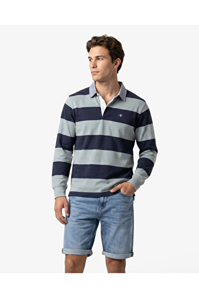 Gant Erkek Yeşil Regular Fit Çizgili Logolu Polo Yaka Rugby T-Shirt