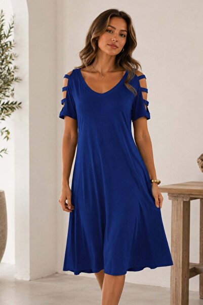 Mossta V-Neck Viscose Midi Dress with Shoulder Ribbon Detail - Navy Blue